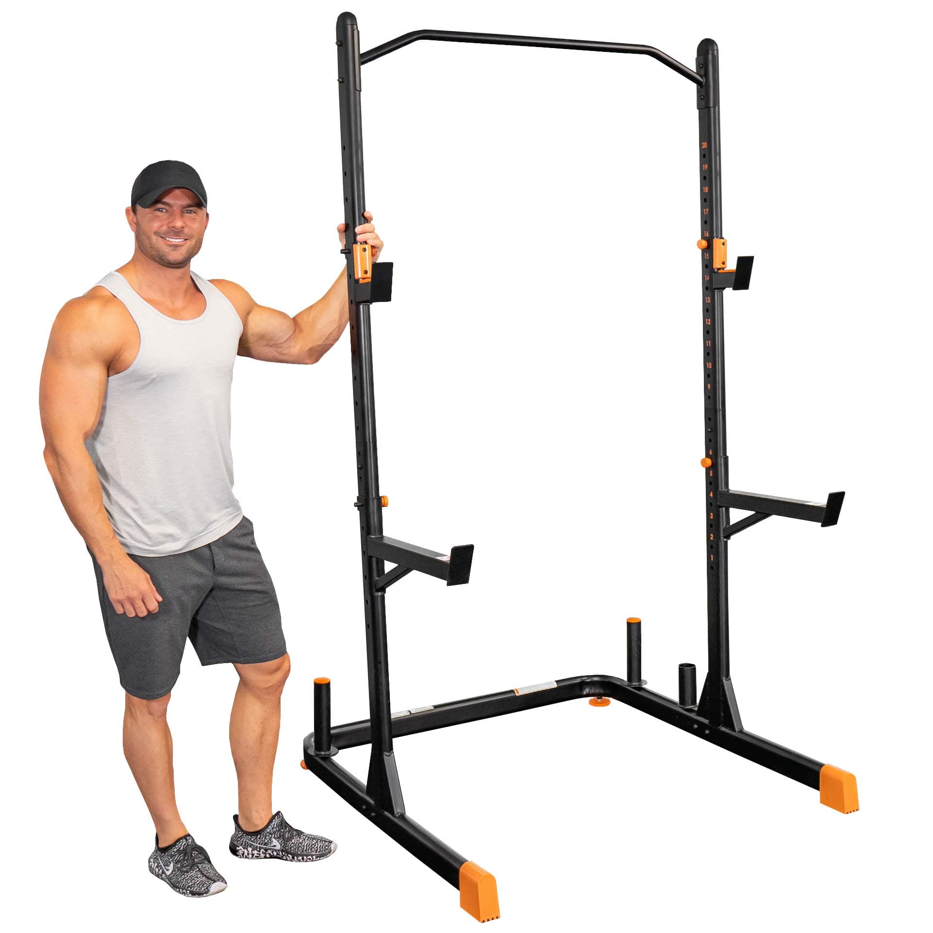 Alpha2000 Squat Stand, Exercise Rack with Barbell Holder and Weight Storage Pegs, Lifting Spotter Arms, 1000 lbs Weight Limit, Textured Pull Up Bar