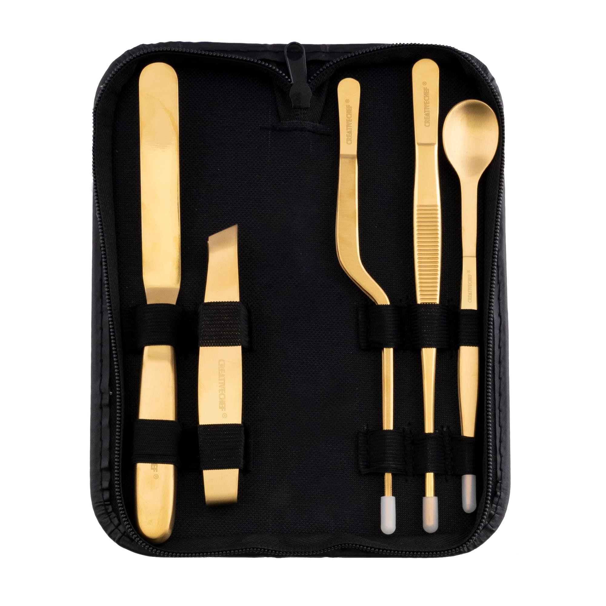 5 PCS Plating Tools Culinary Set Contains kitchen tweezers spatula Sauce plating spoon（Golden）