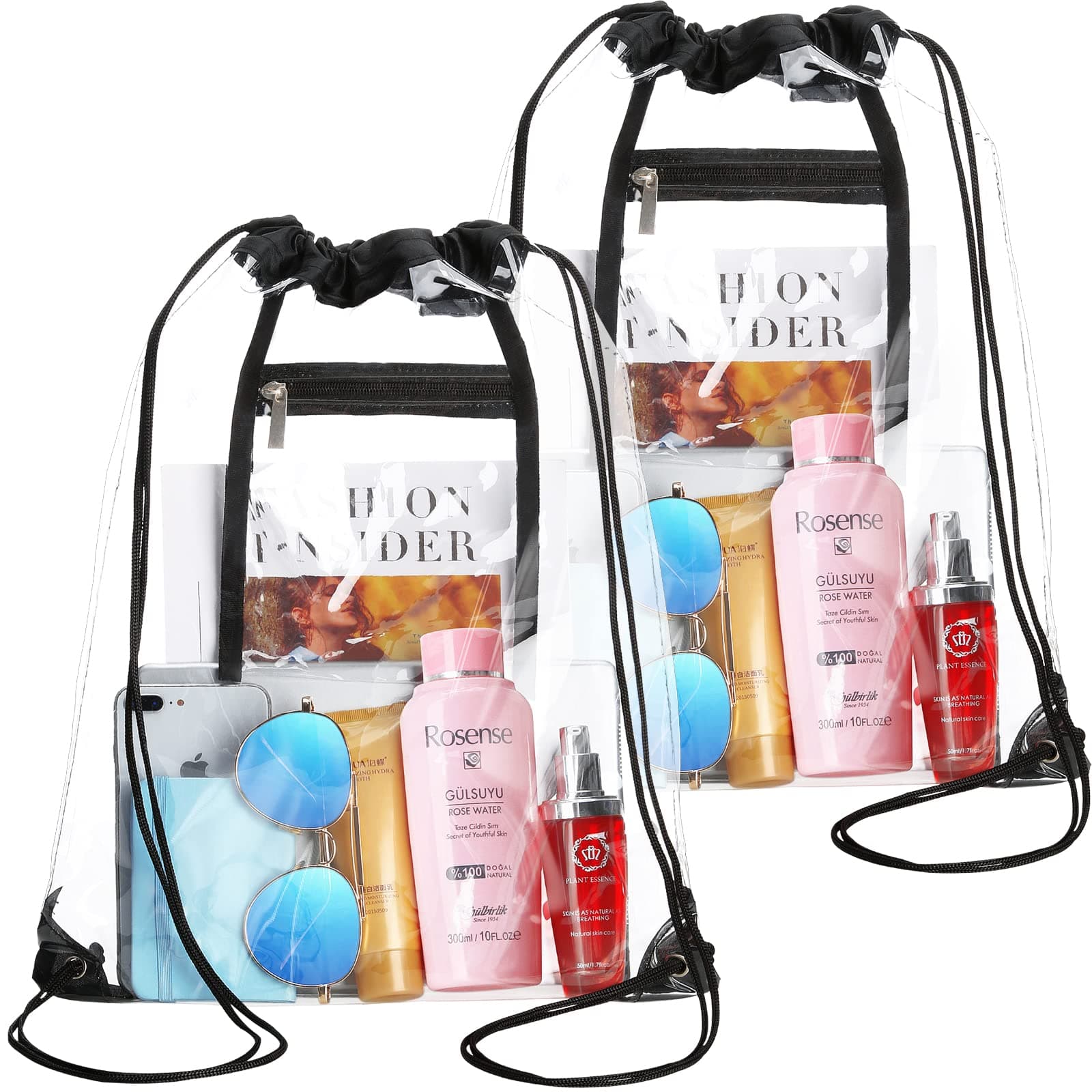 NATURAL STYLE 2 PACK Clear Drawstring Bag Stadium Approved, See Through PVC Drawstring bags, Transparent Backpack with Inner Zipper Pocket