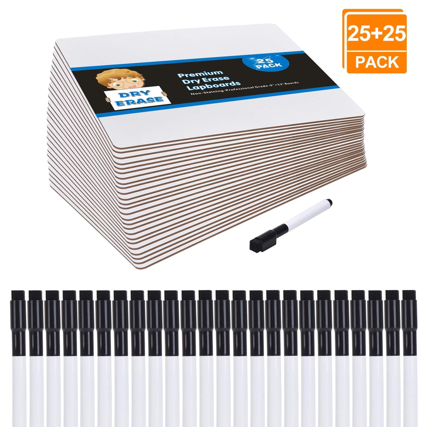[25 Pack] Dry Erase Boards Classroom Set, Small White(9 x 12") Lapboards Whiteboards Mini White Board with 25 Markers and Erasers for Kids Students Teachers Personal Sunday School Group Projects
