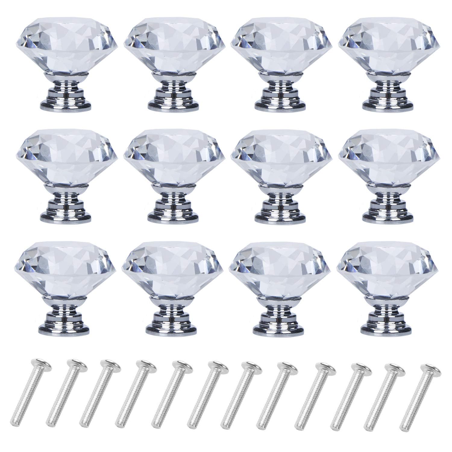YourGift 12 Pack Drawer Knobs Diamond Shaped Crystal Glass 30mm Cabinet Knobs Pull Handles (Silver)