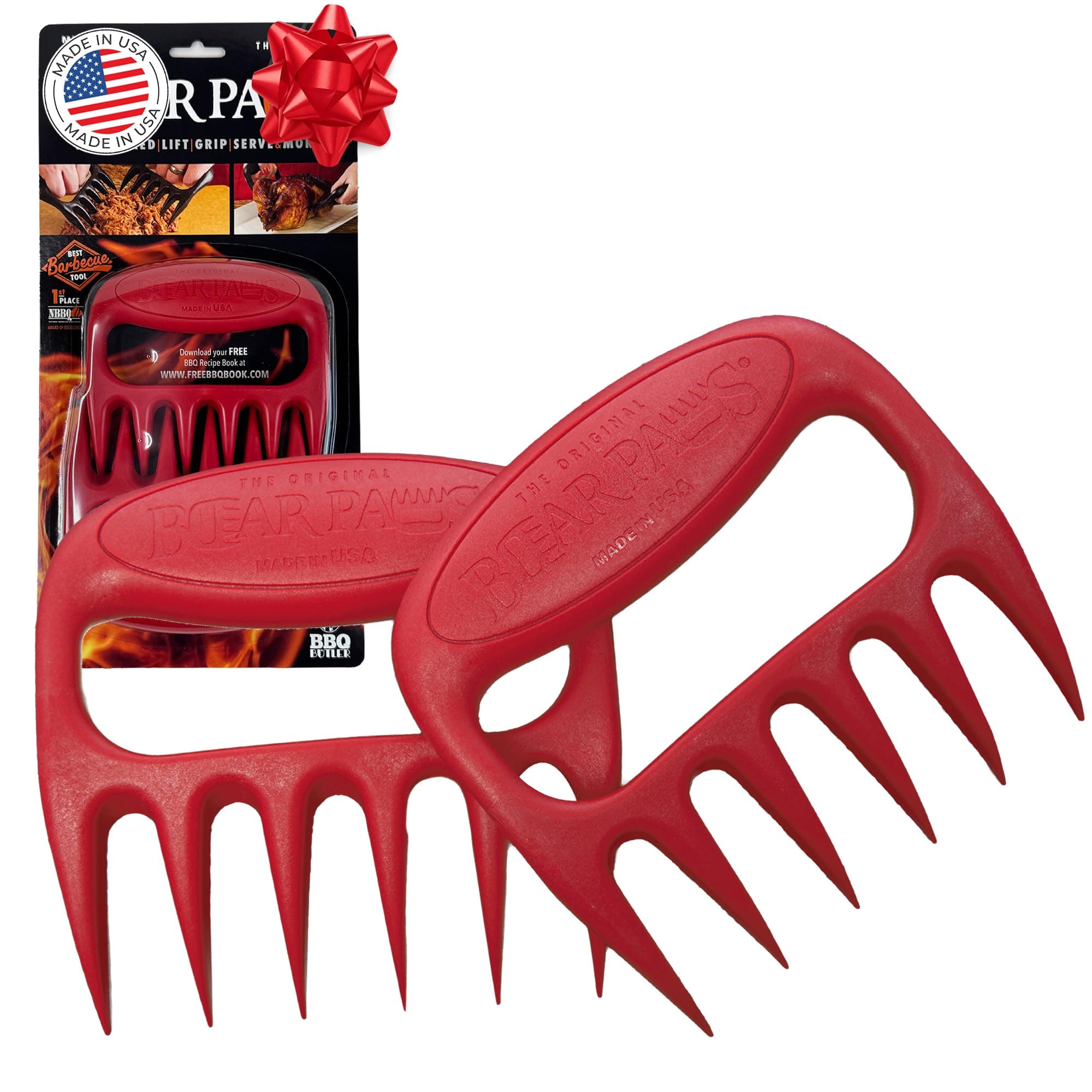 Bear Paws Meat Claws - The Original BBQ Meat Shredder Claws for Pulled Pork, USA Made - Easily Lift, Shred, Pull and Serve Pork, Chicken, Brisket and Turkey - Valentine’s Day Gifts for Men (Red)