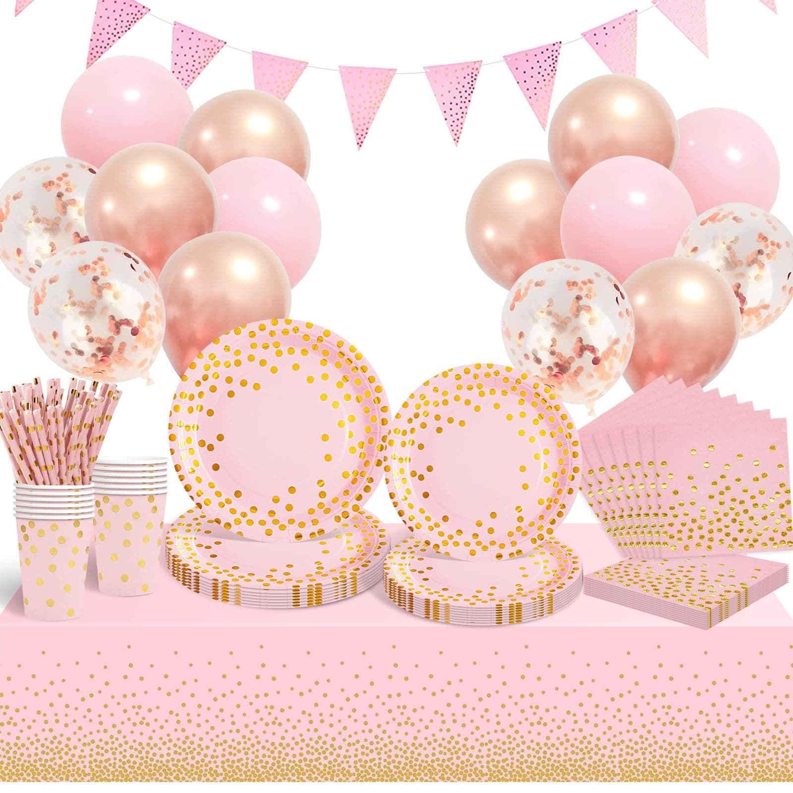 Party Tableware Pink and Gold 20 Guests Paper Tableware Set, Paper Plates Napkins Cups Straws Tablecloth Balloons for Wedding Engagement, Baby Shower, Kids Girls Birthday Party Supplies Decorations