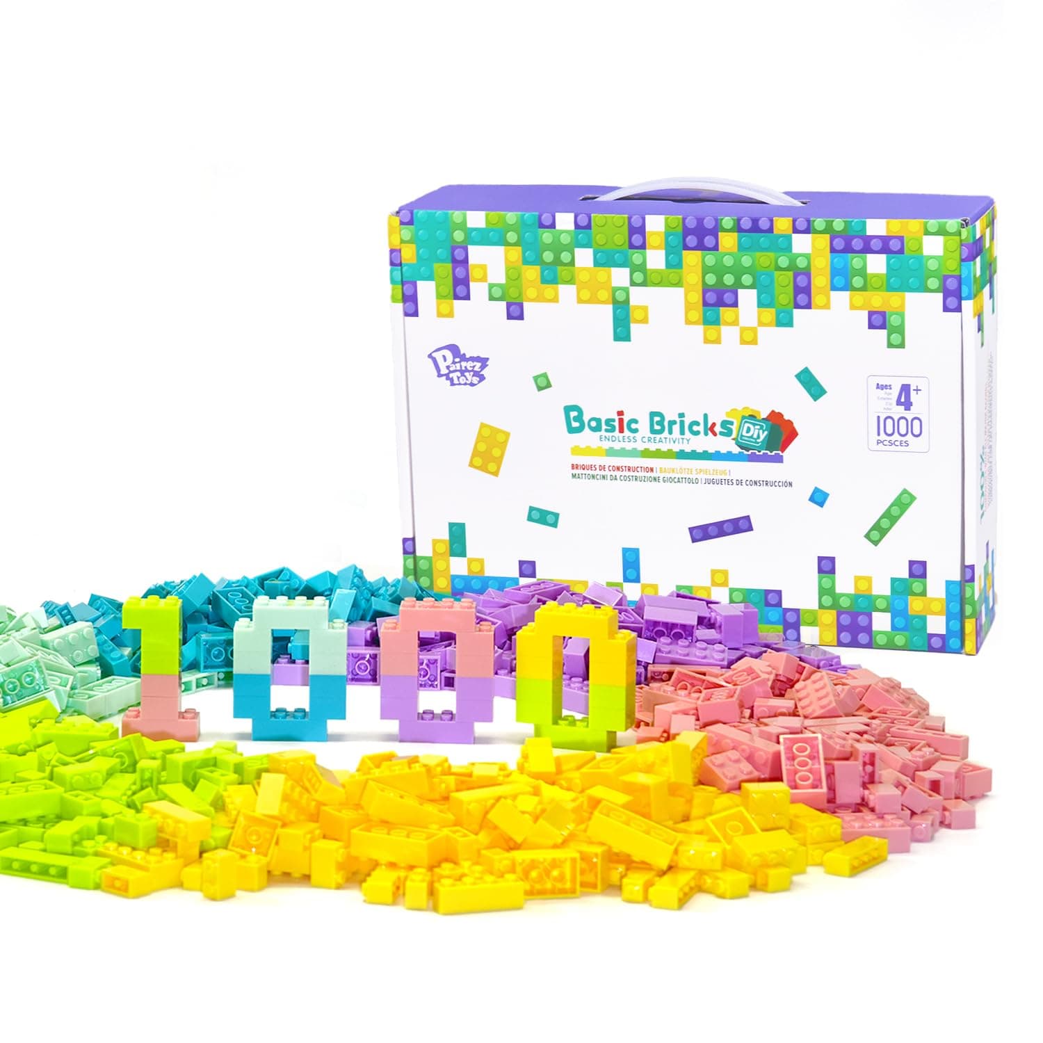 Pairez Toys Classic Basic Building Bricks Playset, 1000 Pieces Bulk Blocks Set in Pastel Color