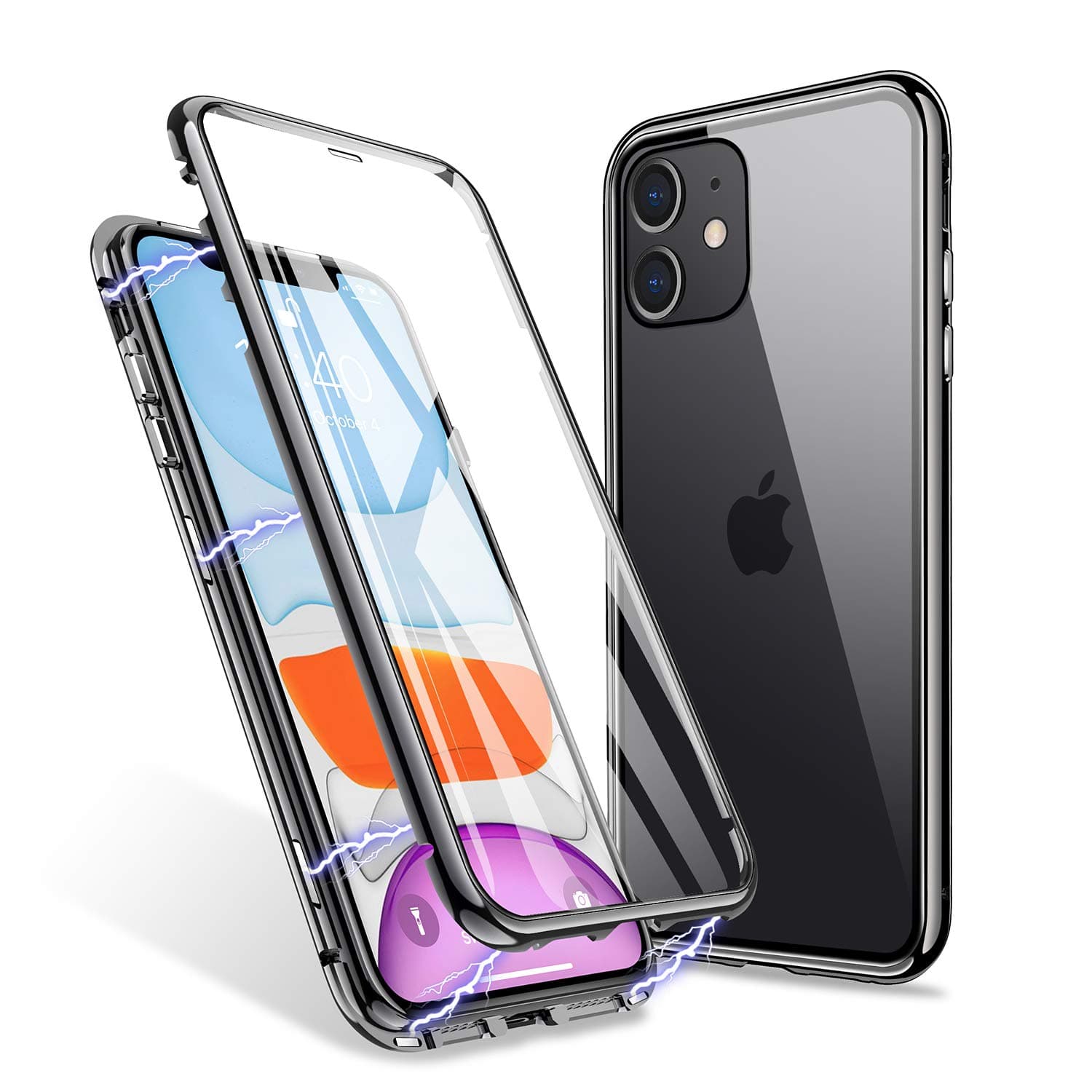 ZHIKEPhone Case Compatible with iPhone 11, Magnetic Adsorption Case Front and Back Tempered Glass Full Screen Coverage One-piece Design Flip Cover [Support Wireless Charging] (Clear Black)