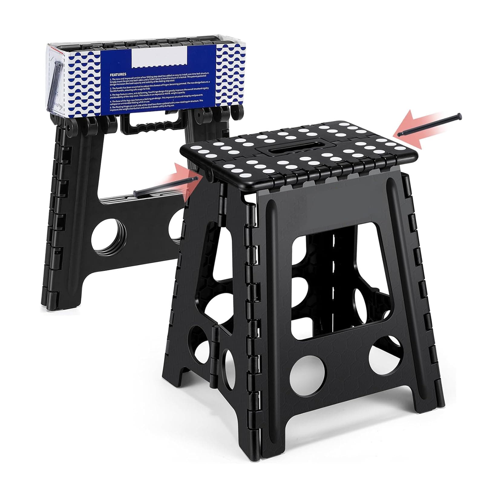 Folding Step Stool, 39CM Heavy Duty Step Stool Foldable for Adults, Stepping Stool with Handle, Non Slip Folding Stools, Hold Up to 180kg, Multi-Use Office Foot Stool under Desk