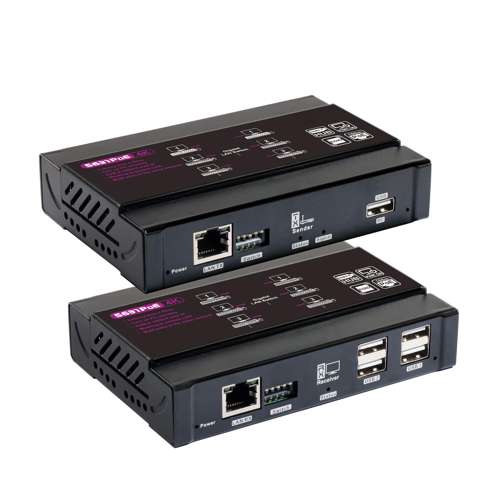 Basicolor 4K PoE HDMI KVM Extender Over IP, USB Ethernet Extender Over Cat5 Cat6 up to 328ft(100m), Plug & Play Lossless & Near Zero Latency, Support Point to Point & TX RX Team Connection