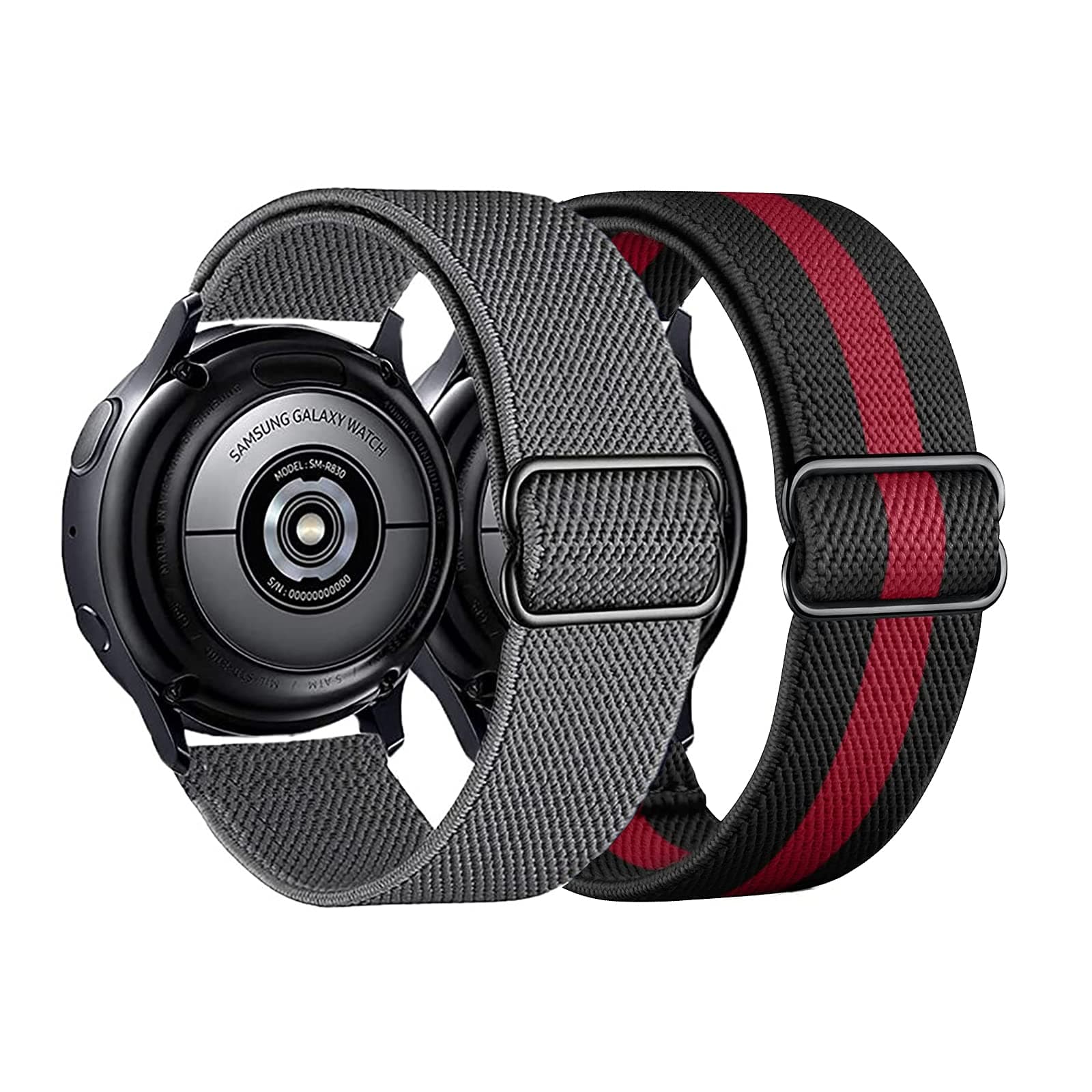 2PACK AHXLL Nylon bands compatible with Samsung Galaxy Watch Active 2 44mm 40mm/Active 40mm/Galaxy Watch 3 41mm/ Galaxy Watch 4 40mm 44mm /Galaxy Watch 5 Pro 45mm, 20mm Stretchy Sport Loop Breathable Wristband (Black Red+ Gray）