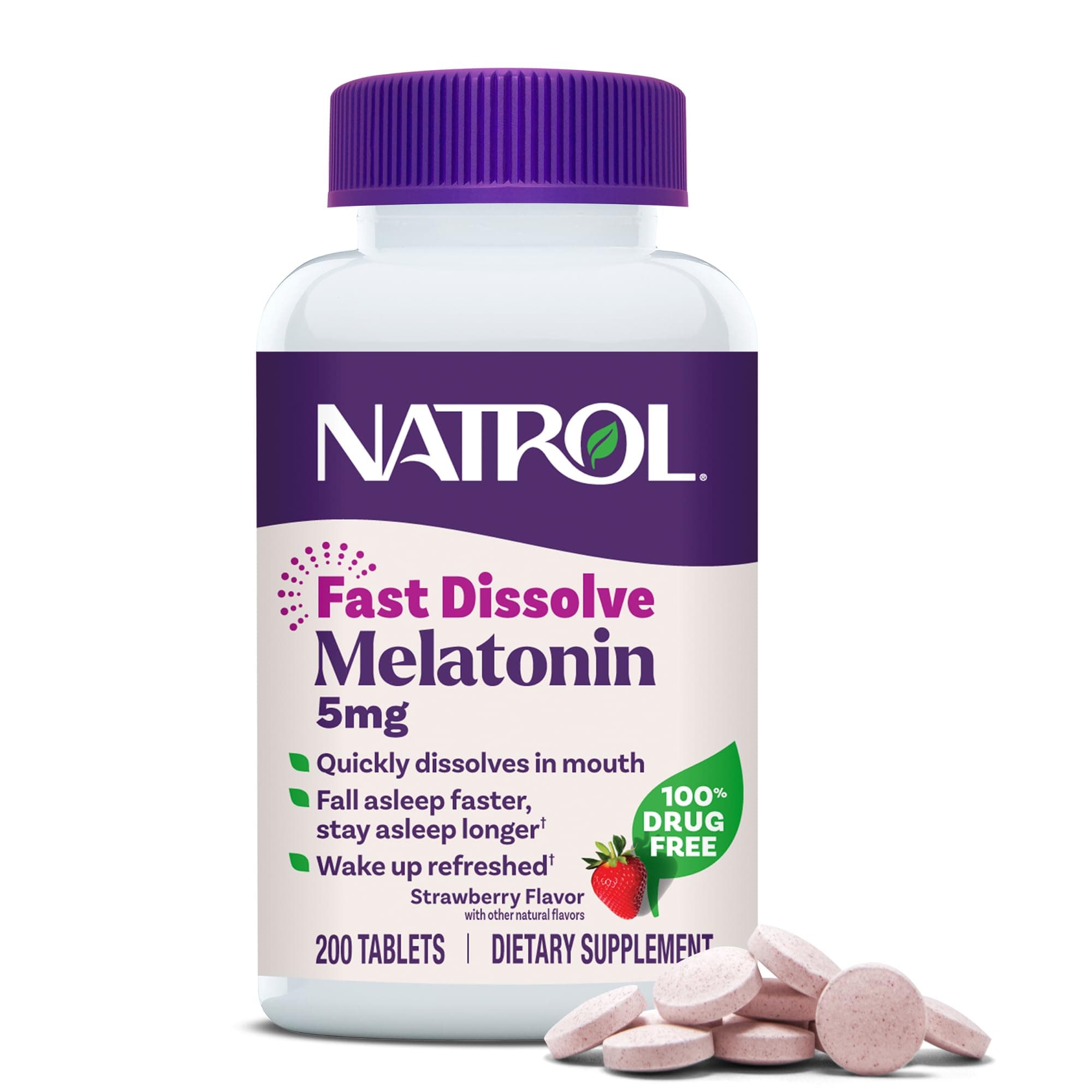 Natrol Melatonin 5mg Fast Dissolve Tablets, Sleep Support Supplements for Adults, Strawberry Flavor, 200 Tablets, Up to 200 Day Supply