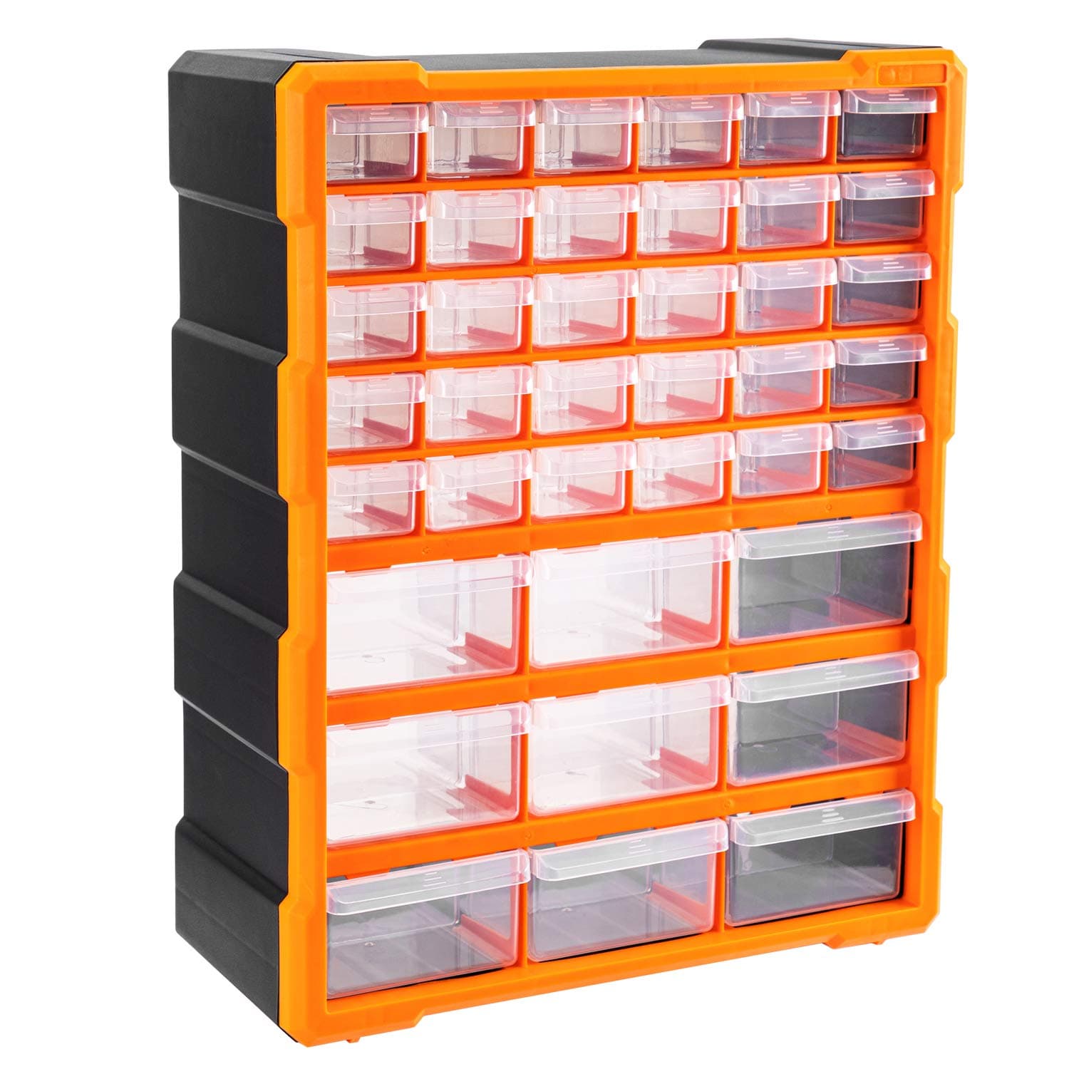Amazon Basics Wall Mount Hardware and Craft Storage Cabinet Organizer with 39 Drawers, Plastic Garage Organization System with Dividers for Small Parts, Black, Orange, 15" x 6.3" x 18.6"