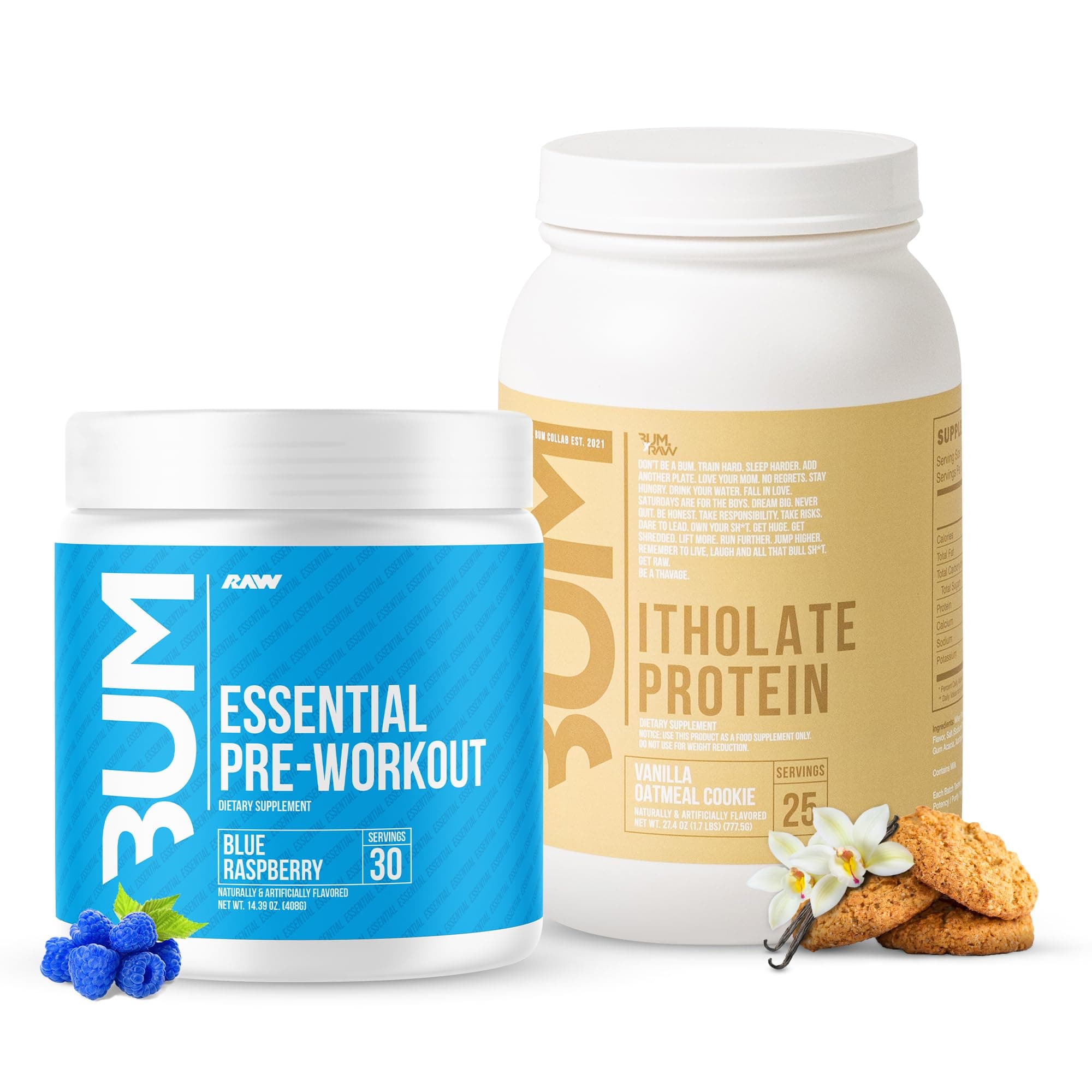 RAW Whey Isolate Protein Powder & Essential Pre-Workout Powder Bundle (Vanilla Oatmeal Cookie & Blue Raspberry) - Chris Bumstead Sports Nutrition Supplement for Men & Women