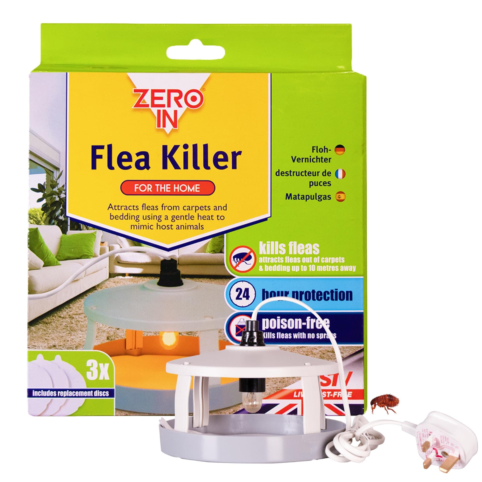Zero In Flea Killer - Continuous Flea Control with 7-Watt Heat Flea Lamp - Safe, Chemical-Free & Covers 10-Metre Radius - Breaks Flea Life Cycle - Flea Traps for Home & Indoor Use