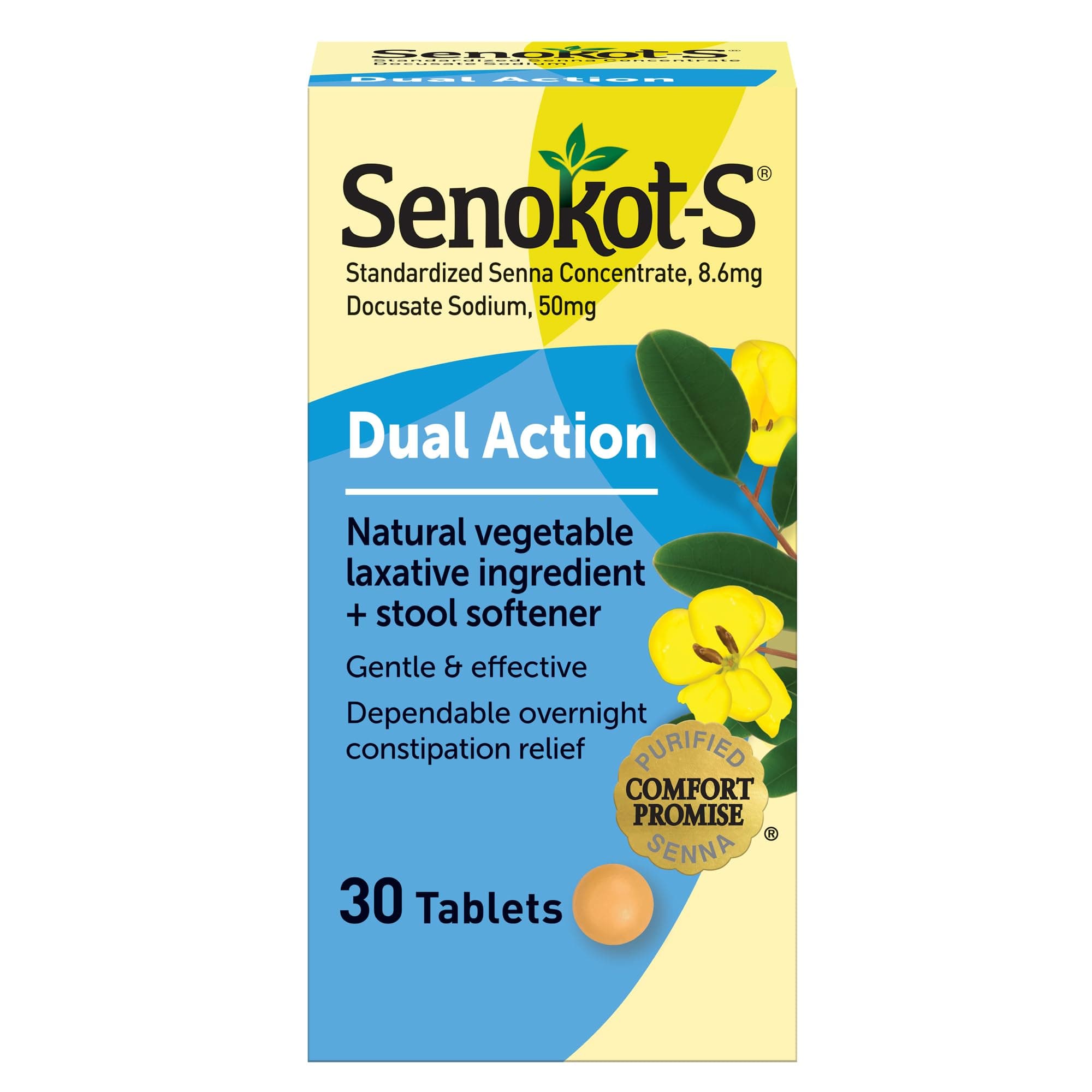 S Dual Action Natural Vegetable Laxative Ingredient Plus Stool Softener Tablets, Docusate Sodium, Senna Concentrate, Gentle, Overnight Relief From Occasional Constipation, 30 ct