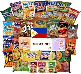Filipino Snacks Box Variety Pack Assortment of 10 Authentic Food Products like Boy Bawang, Lucky Me, JackNJill, Skyflakes and more with Philippines Flag and Pride Stickers