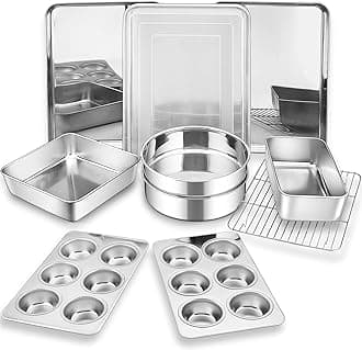 Bakeware Sets of 11, P&P CHEF Stainless Steel Baking Pans Set, Includes Baking Sheets and Rack, Lasagna Pan with Lid, Round/Square Cake Pan, Muffin Pans, Loaf Pan, Reusable & Durable