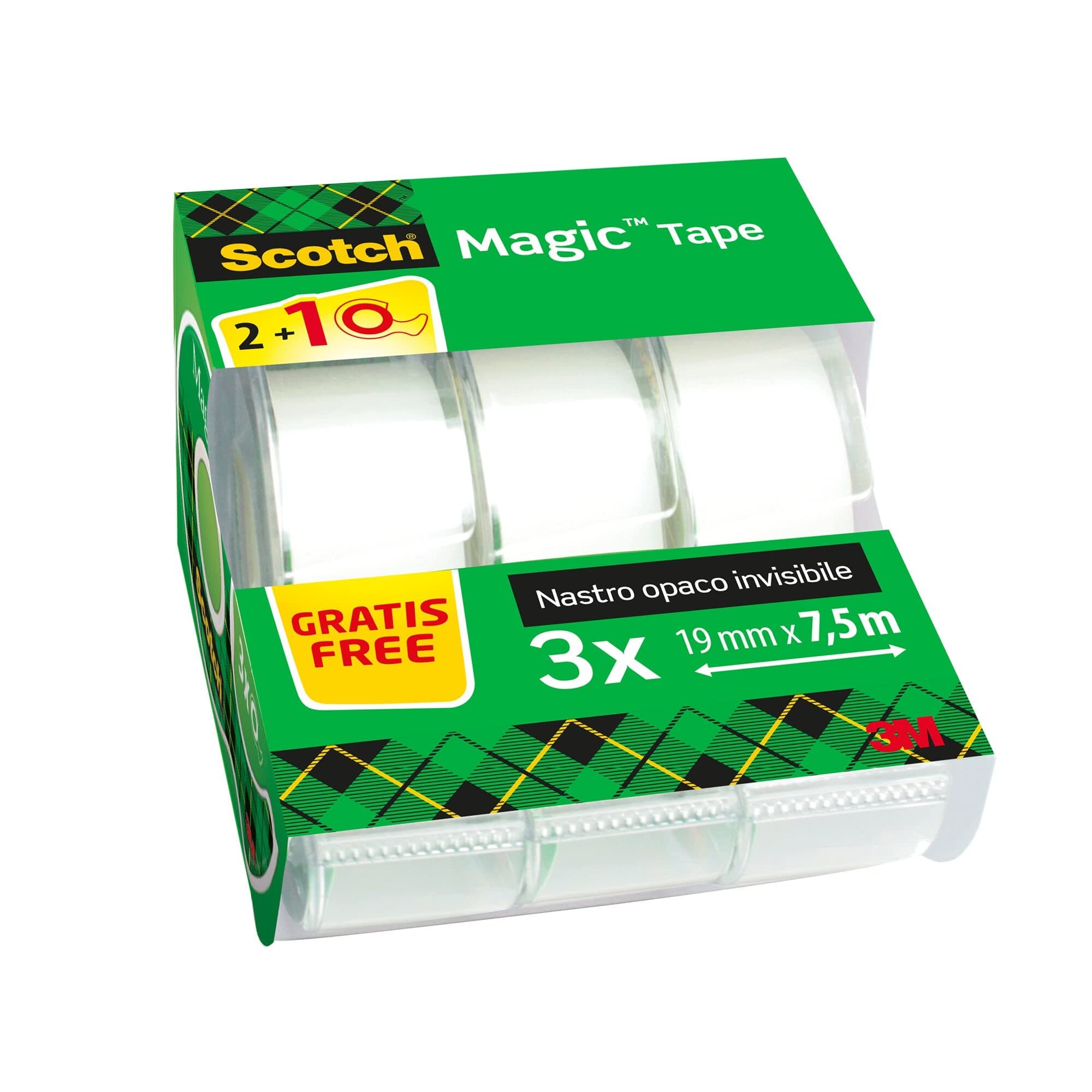Magic Tape, Promo Pack, 2 Rolls on Handheld Dispenser + 1 Free, 19 mm x 7.5 m - General Purpose Sticky Tape for Document Repair, Labelling & Sealing
