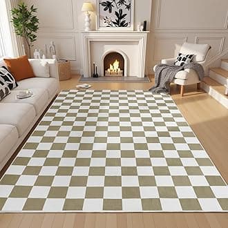 Terrug Beige and White Checkered Rug for Living Room,8x10 Area Rugs Washable with Non Slip for Bedroom,Soft Low Pile Stain Resistance Retro Carpet for Dorm Kids Room