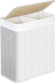 SONGMICS Bamboo Laundry Basket with Lid, 2 Sorting Compartments, White LCB64WT