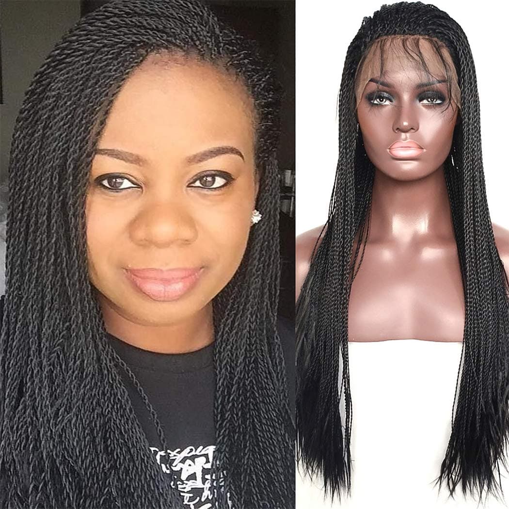 BLUPLE Micro Million Twist Lace Front Wig 24 Inches #1B Natural Black Synthethic Heat Resistant Hair Half Hand Tied Braided Wigs Free Part with Baby Hair for Black Women