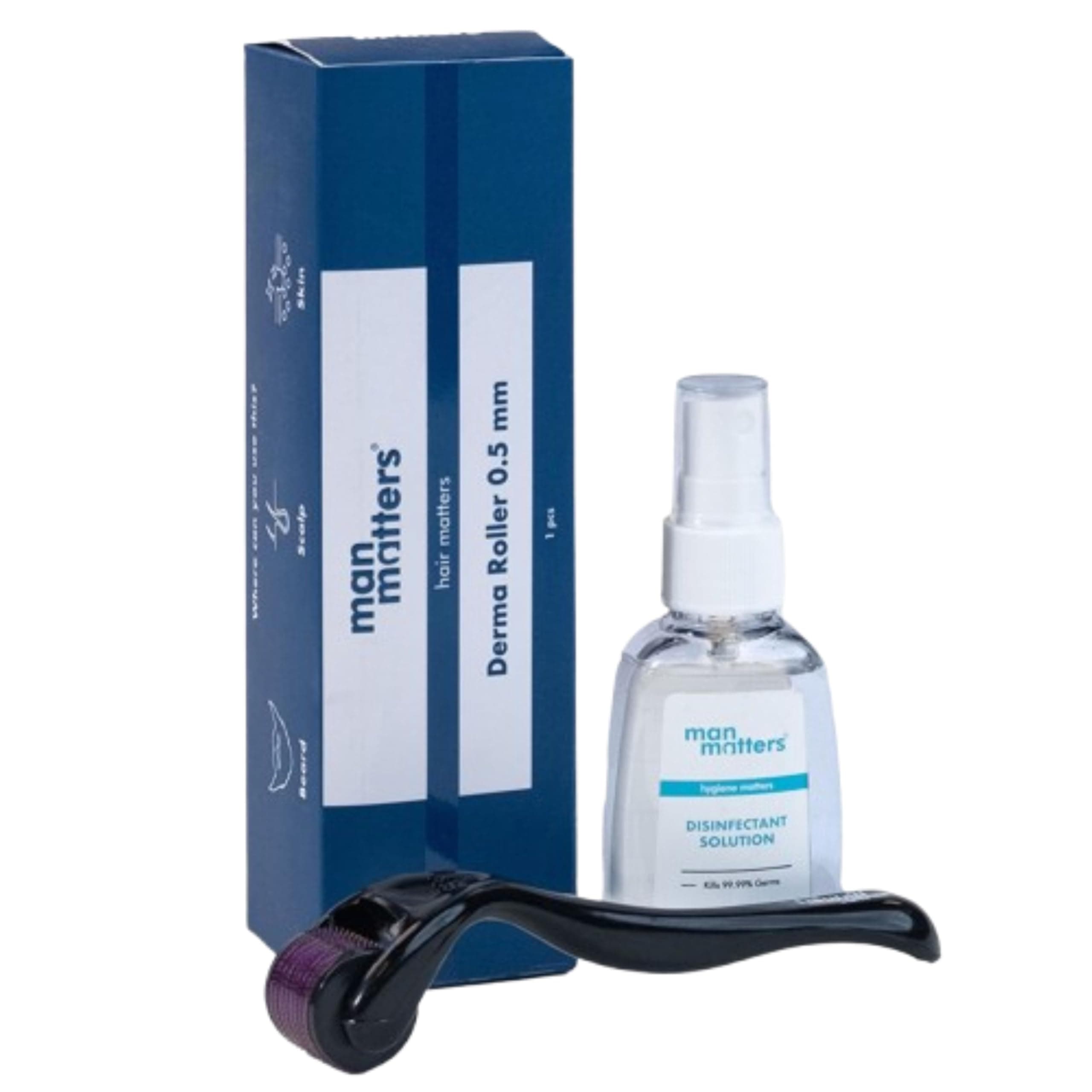 Man Matters Derma Roller With Disinfectant 540 Micro 0.5mm Titanium Alloy Needles Reduces Hair Fall & Stimulates Hair Follicles Easy to use Safe and Effective 1 Count (Pack of 1) Black