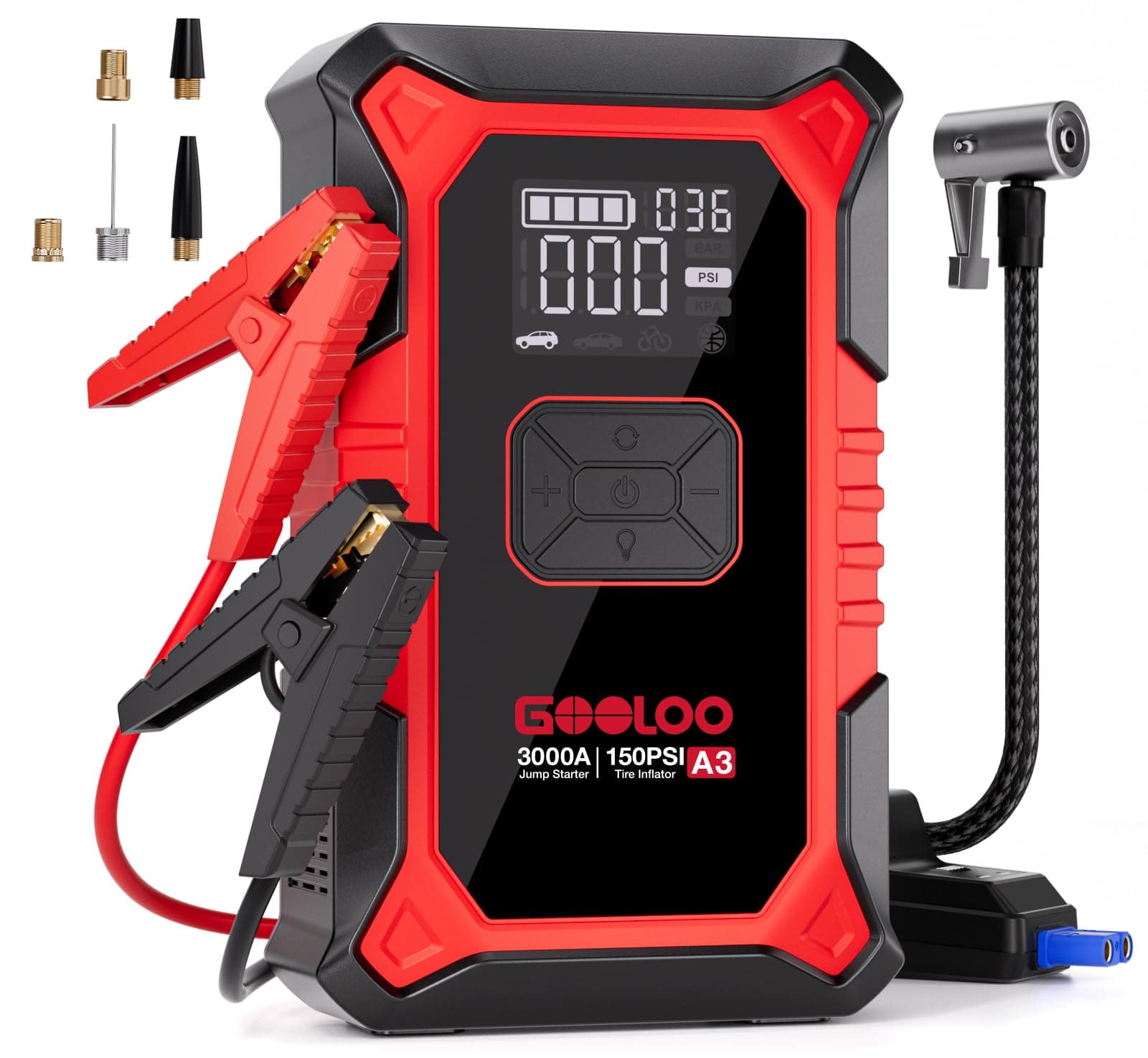 GOOLOO A3 Jump Starter with Air Compressor, 3000A Portable Car Battery Booster (9.0 Gas/6.5L Diesel) with 150PSI Auto-Shutoff Tire Inflator, 12V Supersafe Lithium Jump Box Car Battery Jumper Starter