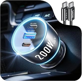 200W Car Charger USB C Fast Charge [Gan] PD 140W Fast Car Charger USB C, 3 Port Type C Fast Charging for Multi Device, for iPhone 17 16 15 14 13 12, MacBook Neo, Laptop, iPad, Samsung S26 S25