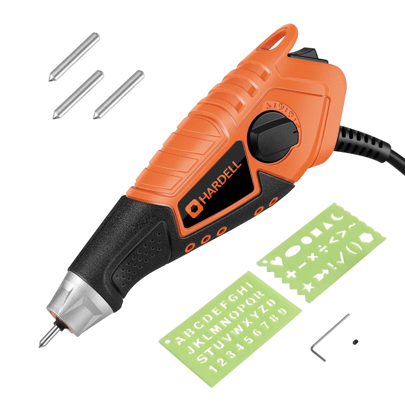 HARDELL15W Engraver,5 Speed Etching Power Tool Equipped with Soft Rubber Handle and Tungsten Carbide Steel Bits,Mini Multi-Function for Tile,Metal,Stone,Wood,Leather,Glass,PVC Pipe,DIY Crafts(Orange)
