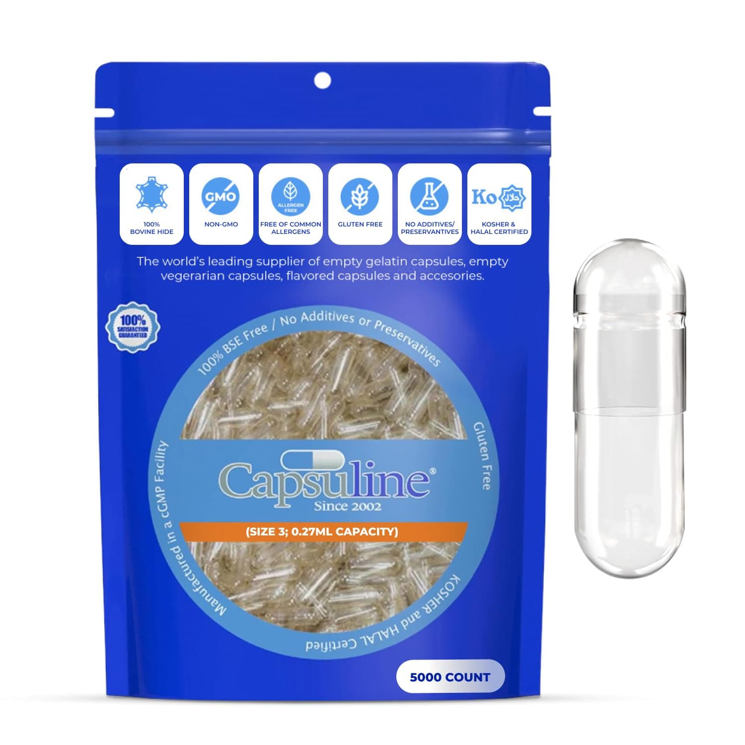 Clear Size 3 Empty Gelatin Capsules by Capsuline - 5000 Count |Manufactured in North & South America|Kosher & Halal Certified |Gluten Free