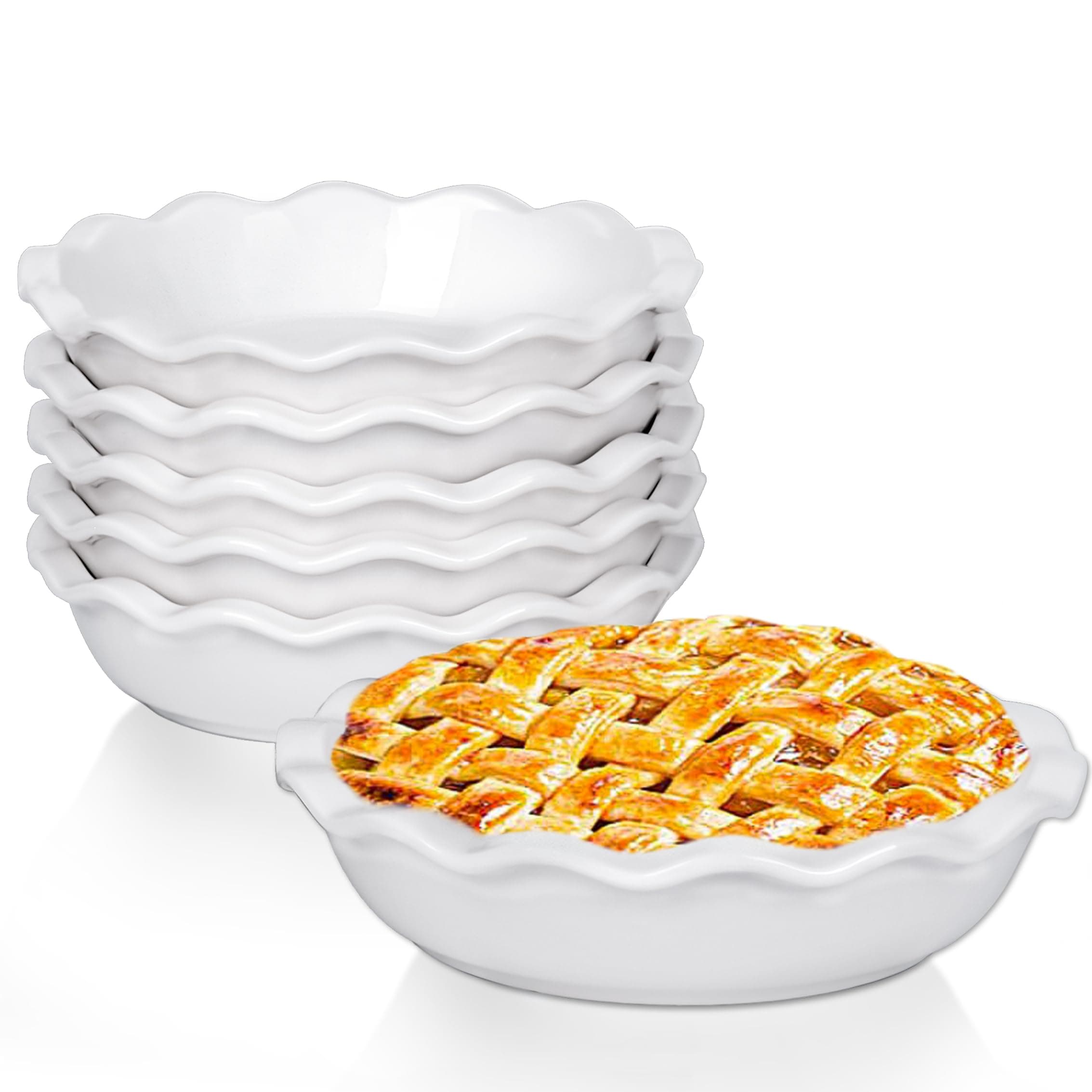 Ceramic Mini Pie Pans, 6.5 Inch Individual Small Pie Pans, 12 Oz Pie Dish Ramekins for Baking Chicken Pot Pie, Quiches, Fruit Pies, Set of 6, White