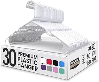 Utopia Home Premium Plastic Clothes Hangers - 30 Pack Durable Slimline Hangers with Trouser Bar & Shoulder Grooves, Space Saving Non-Slip Design for Coats, Jackets, Shirts & Suits - White