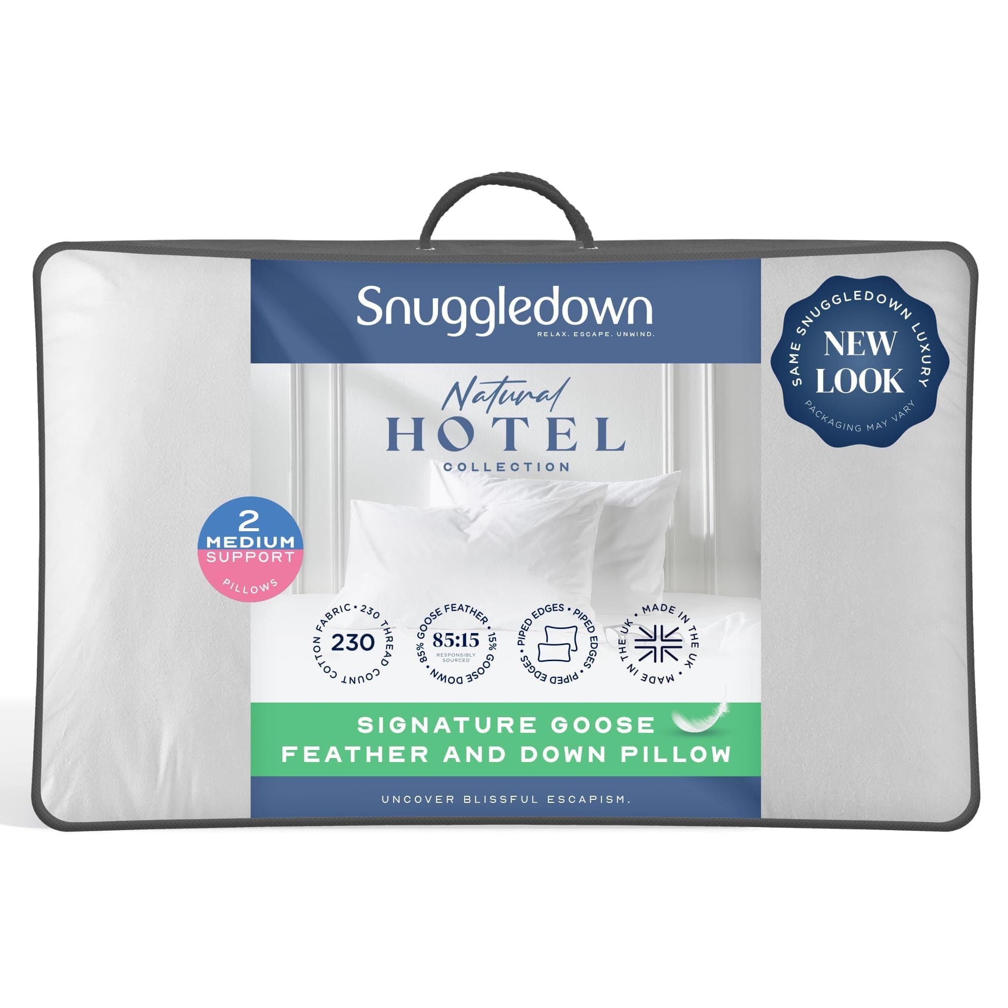 Snuggledown Luxury Goose Feather & Down Pillows 2 Pack - Ethically Sourced 85:15 Blend, Medium Support Bed Pillow for Back Sleepers | UK-Made, Cotton Cover, Washable (48 x 74cm)