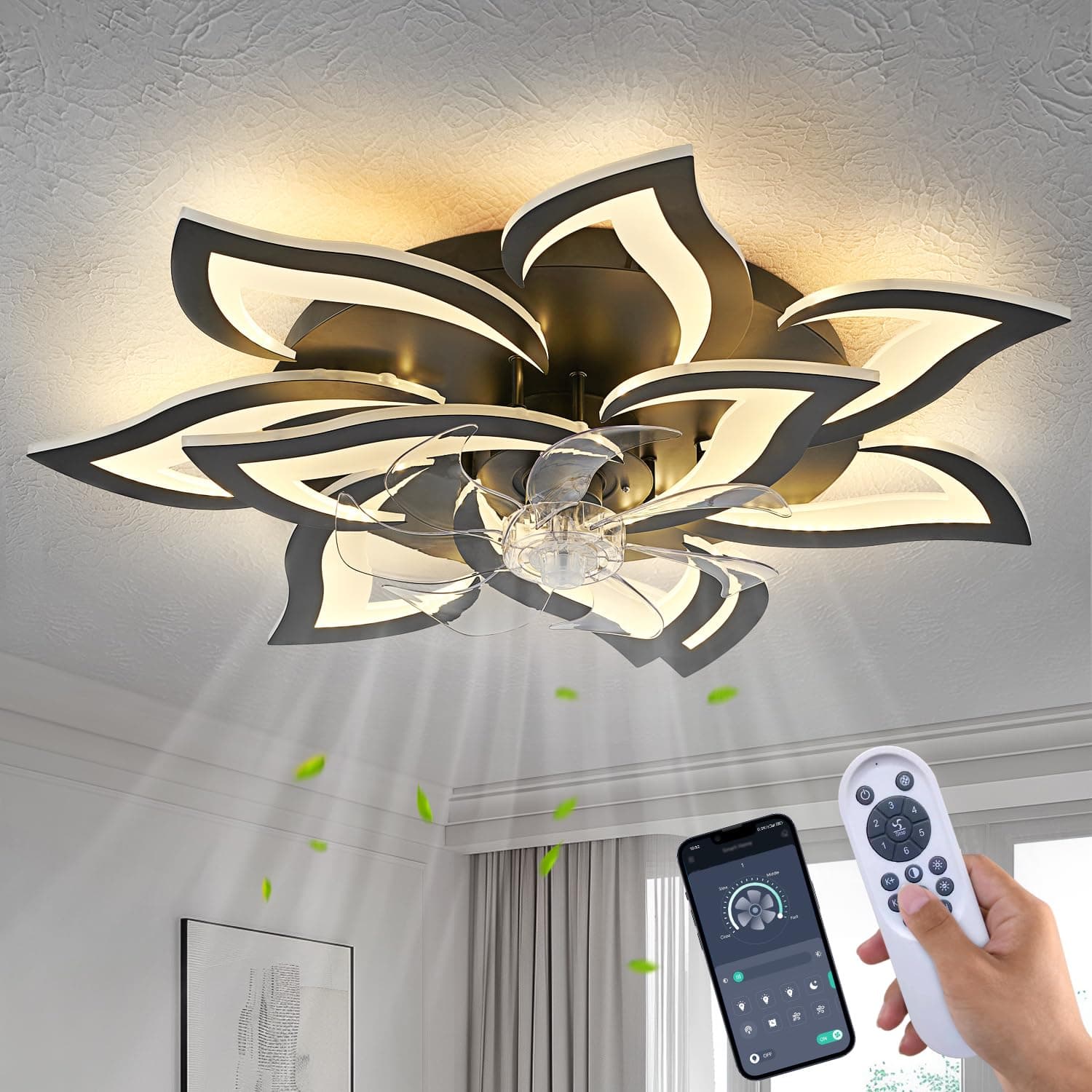 HuixuTe 32" Modern Geometric Ceiling Fan with Lights Remote Control, Black 6 Speeds 3 Colors Low Profile Ceiling Fan with Light for Living Room