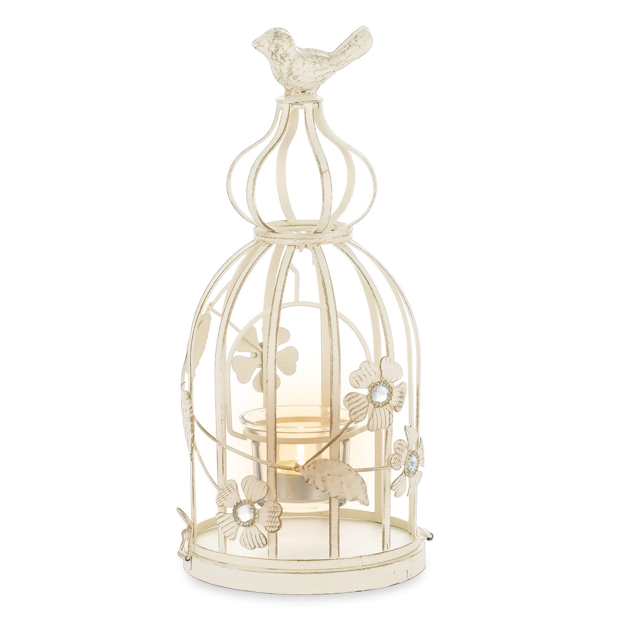 Candle Holder Rustic Decorative Birdcage: Pillar Candleholder Set for Boho Candle Ornaments Display, Vintage Shabby Chic Wedding Home Decor Whitewashed, Coffee Table Decor Centerpiece, Ivory