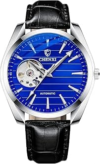 MASTOP Men's Watch Automatic Mechanical Business Watch Stainless Steel Black Leather Waterproof Men's Watch