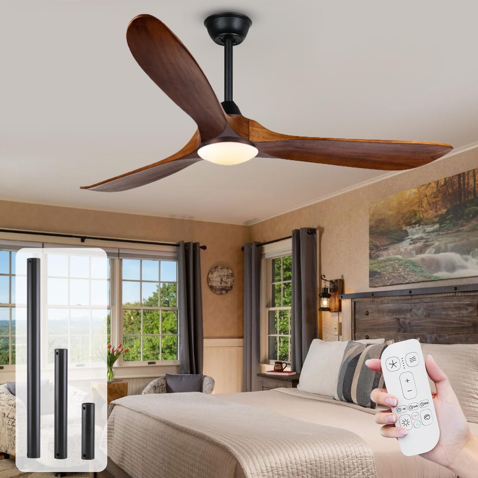 Ceiling Fans with Lights and Remote, 52 Inch Modern Ceiling Fan with Dimmable LED Lights, 3 Wood Blades, 6 Speeds Quiet Reversible Ceiling Fan for Bedroom, Living Room, Outdoor Patio, Porch