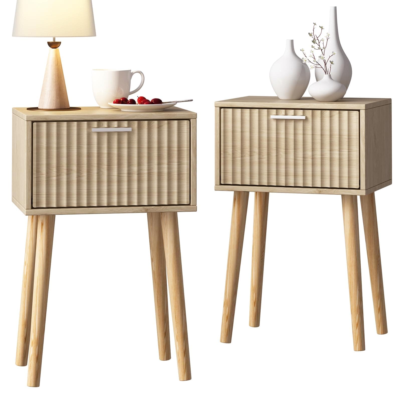 LAATOOREE Nightstands Set of 2, Small Side Table, Bedside Table with Fluted Door, Solid Wood Feet; Modern Mid-Century End Table for Bedroom, Small Space (Natural)
