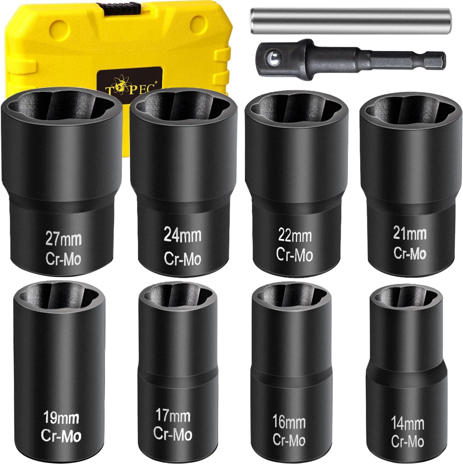 Topec Bolt Extractor Set, 10 Piece Lug Nut Remover Socket Tool, 1/2" Drive Impact Wheel Lock Removal Kit for Removing Damaged, Dead, Rusted, Rounded-Off Bolts, Lug Nuts & Screws