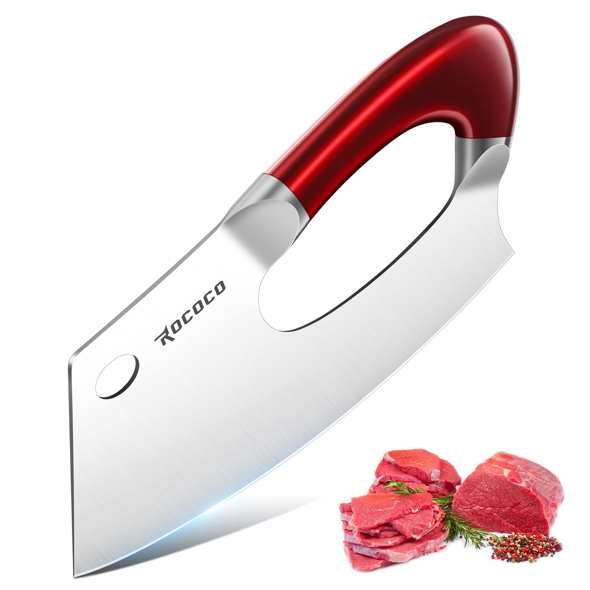 ROCOCO Meat Cleaver Knife Unique Effort Saving Kitchen Knife Professional Stainless Steel Chef Cooking Knives for Cutting Meat Vegetable Father Mother Christmas Gift Red