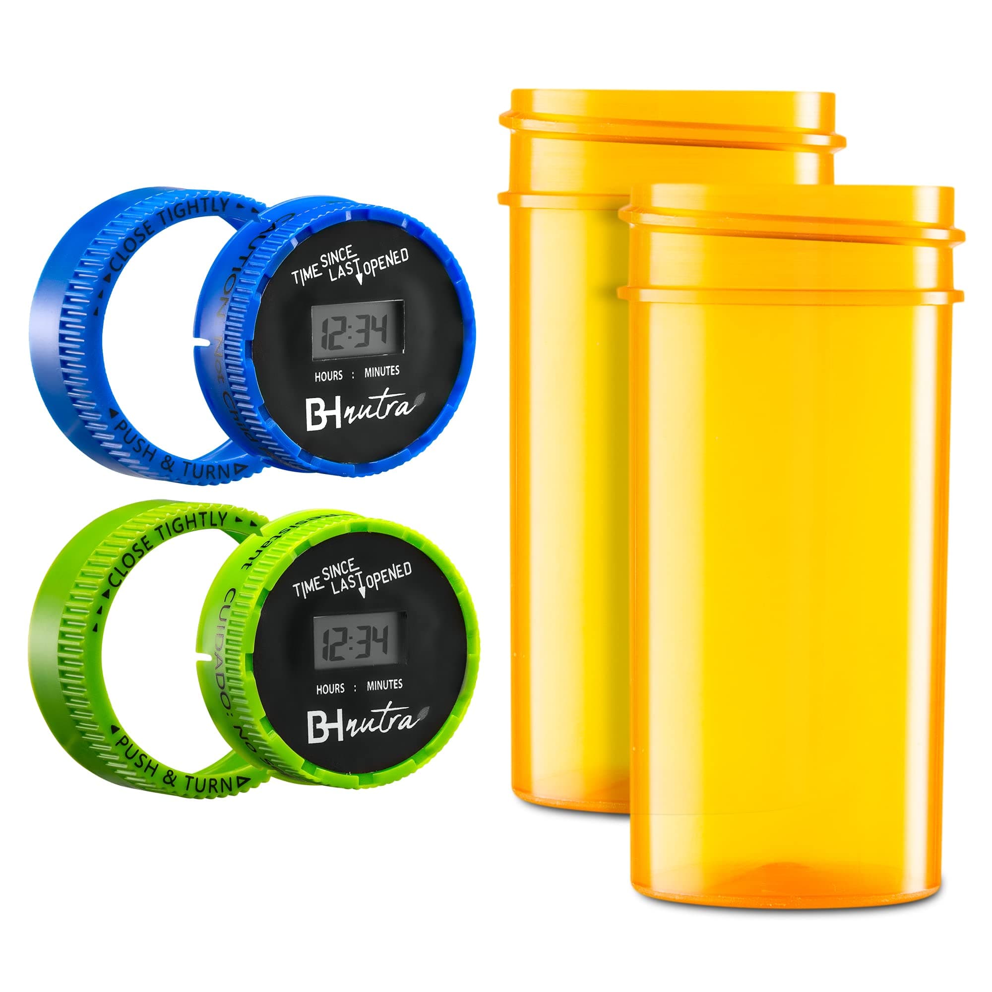 BH NUTRA 2 Pk-Time Since Last Opened Child Resistant Pill Timer Cap for Prescription Bottles Smart Pill Medicine Bottle Timer with Pill Bottle Timer Cap, 1.8 Oz Amber Medication Pill Reminder Bottle
