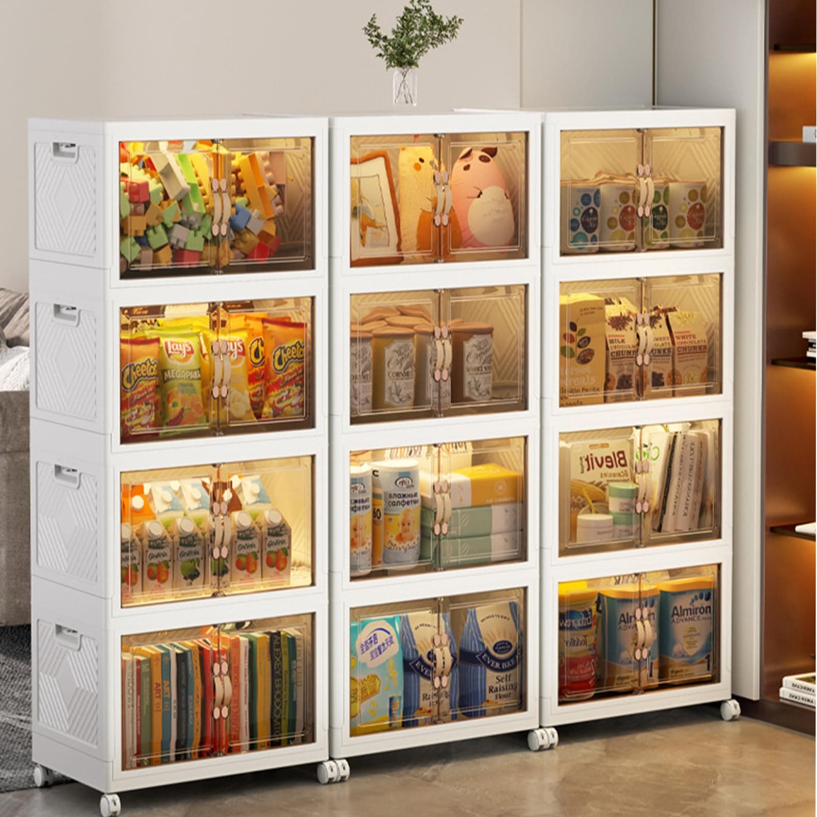 Multi Layered Folding Storage Cabinet, Large capacity Standing Storage Cabinet Shelf Transparent and Visible Dustproof Toy Storage Box, Snacks Locker, Bookcase with Universal Wheels (4 Layer)