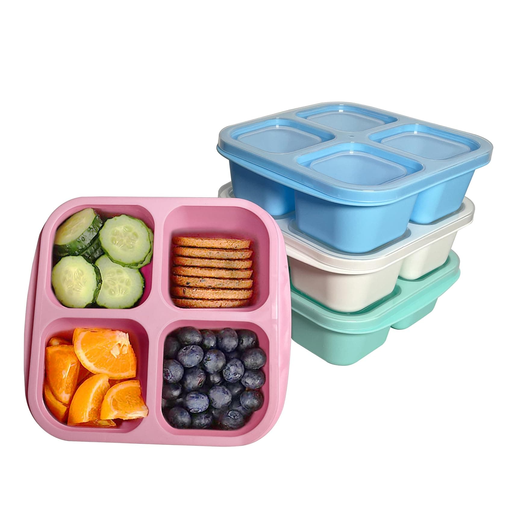 4 Pack Snack Containers, 4 Compartments Bento Snack Box, Reusable Meal Prep Lunch Containers for Kids Adults, Divided Food Storage Containers for School Work Travel (Green/Blue/Pink/White)