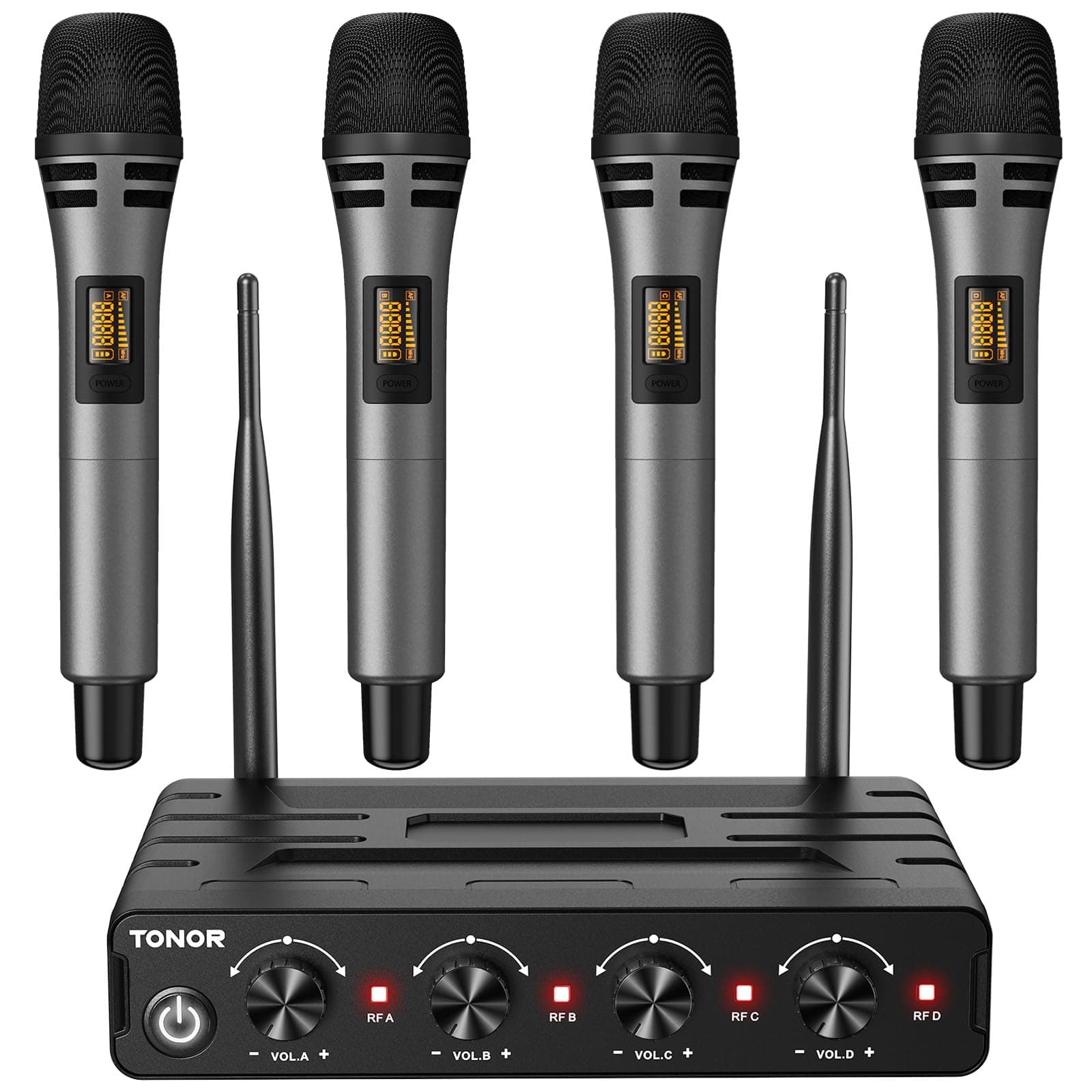 Wireless Microphones System, 4x5 Channels Cordless Handheld Dynamic Mic with Receiver, 60 M UHF Range, Mics with stable signal Transmission for Karaoke Singing Party Church Wedding DJ PA Speaker