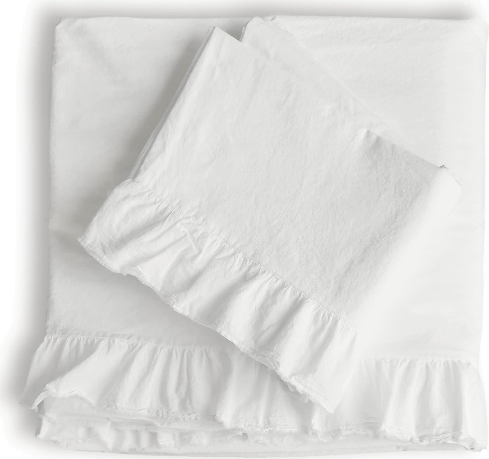 Piu Belle Shabby Chic Ruffled 4pc Sheet Set Queen or King 100% Cotton Cottage French Country Style Frilled Sheets White (King, White)