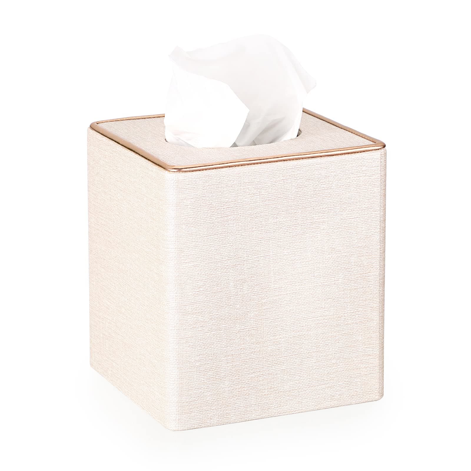 BTSKY Household Square Linen Tissue Box with Decorative Gold Line - Cube Tissue Paper Holder and Cover Holder - Storage Organizer and Dispenser Case - Napkin Box, Beige