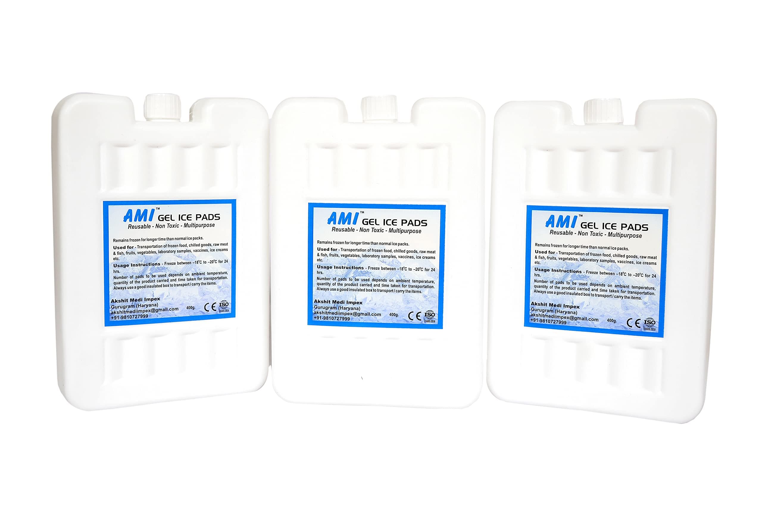 AMI Gel Ice Pack Pads For Ice Box Pack of 3 x 400 gms each ISO CE Certified