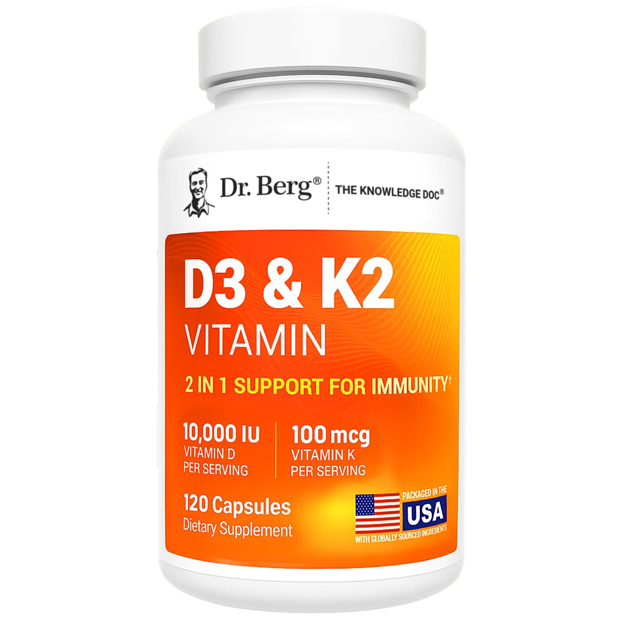 Dr. Berg Maximum Strength 2-in-1 Vitamin D3 K2 10,000 IU | Naturally Derived D3 | 4X Lab-Tested & Verified | High Absorption Formula | K2 D3 Vitamin Supplement - 120 Capsules