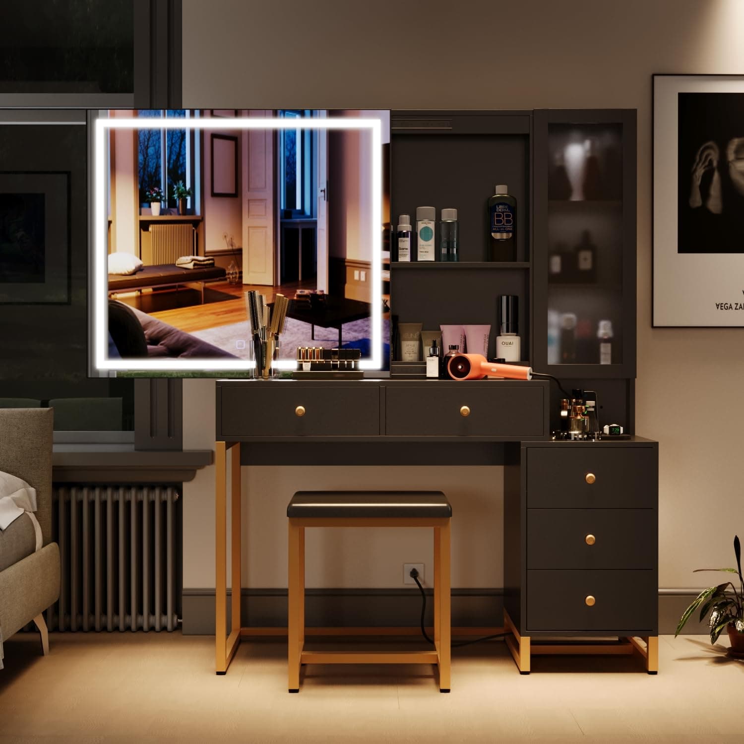 Vanity Set with Lighted Mirror and Charging Station, Extra Large Mirror Makeup Vanity Table with Cushioned Stool,5 Drawers, Modern Vanity Table with Nightstand (Black, Large)