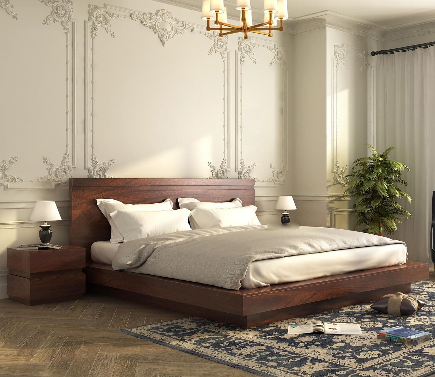 Wooden King Size Cot Without Storage - Solid Wood King Bed - 12 Month Warranty - Stylish Bedroom Furniture (King, Floriana, Walnut Finish)