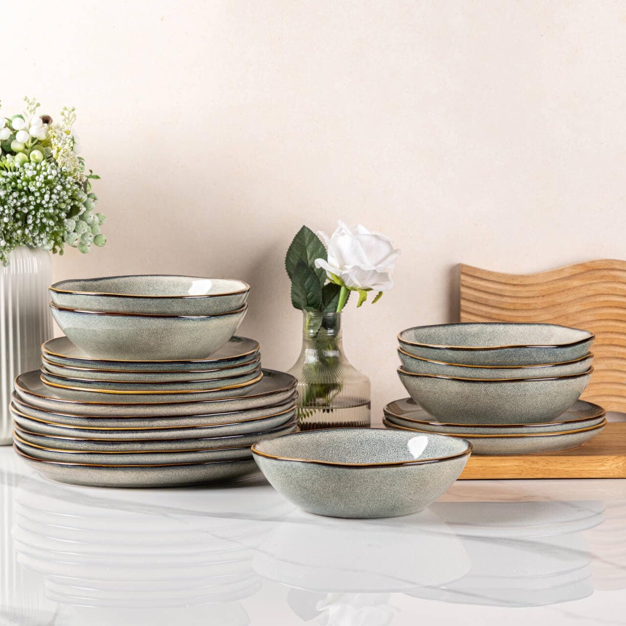AmorArc Ceramic Dinnerware Sets,Handmade Reactive Glaze Stoneware Plates and Bowls Sets,Highly Scratch Resistant | Dishwasher & Microwave Safe Dishes Set,Service for 8 (24pc)
