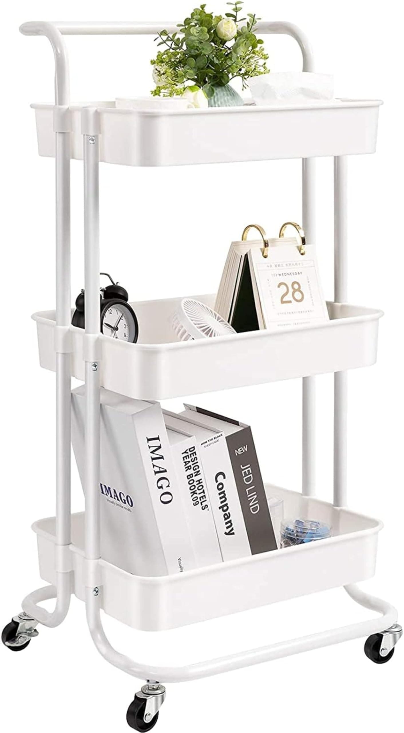 3-Tier Rolling Utility Carts Trolley Storage Cart with Handle Multifunctional Organization Cart with Brake Caster Wheels Kitchen Shelf Multifunctional Storage Rack with Net Basket Mass. (White)